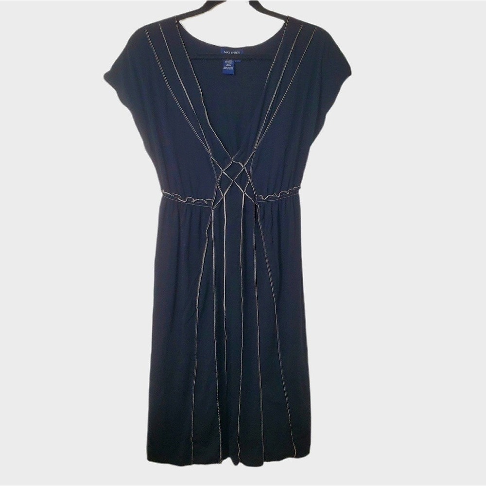 Max Edition Black V-Neck Contrast Stitch Empire Waist Dress Size Large A901U50